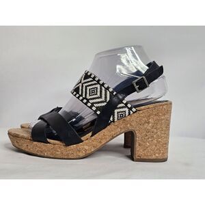 BOC Calissa Leather/Fabric Platform Sandal Black/White Tribal Strap Heel Size 8M
